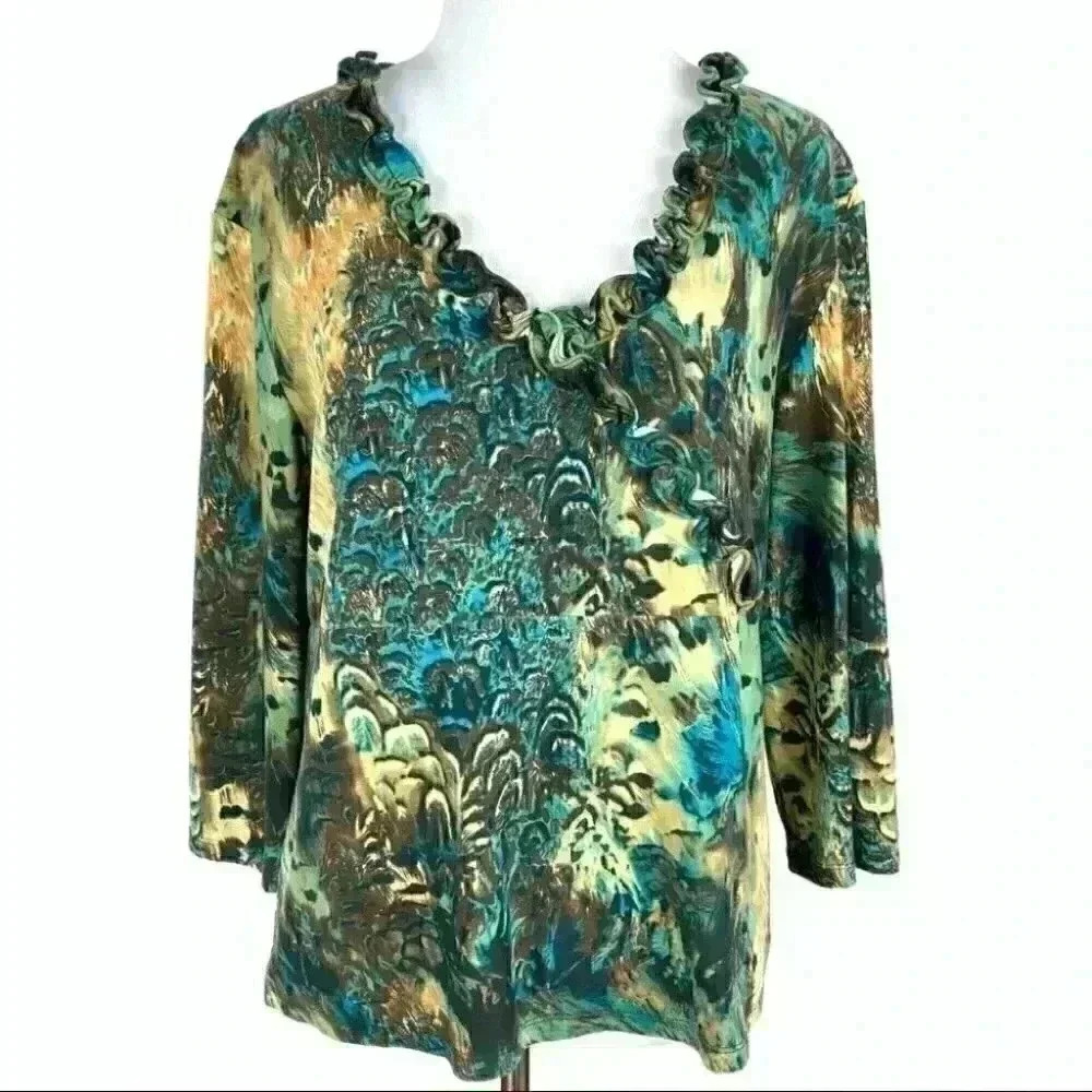 Style & Co collection petite top size LP multicolored peacock ruffled 3/4 sleeve